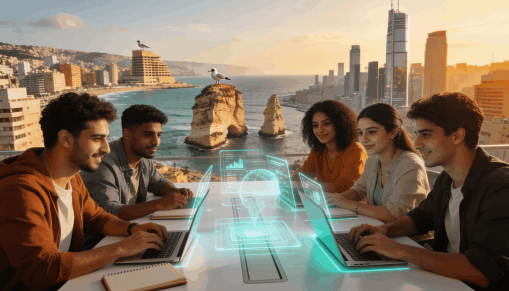 Young volunteers collaborating with technology overlooking Beirut and the Mediterranean coast, representing innovation, youth empowerment, and community impact in Lebanon.