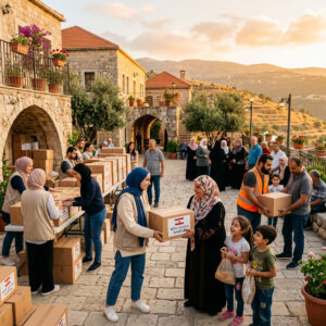 Pulse of Tomorrow volunteers distributing humanitarian aid and food assistance to vulnerable families in Lebanon.